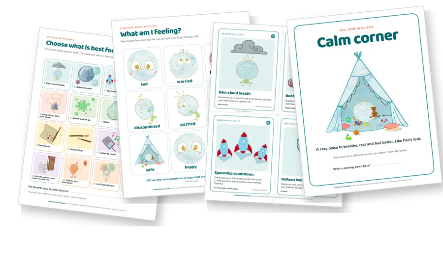The first pages of the calm-down pack, fanned out