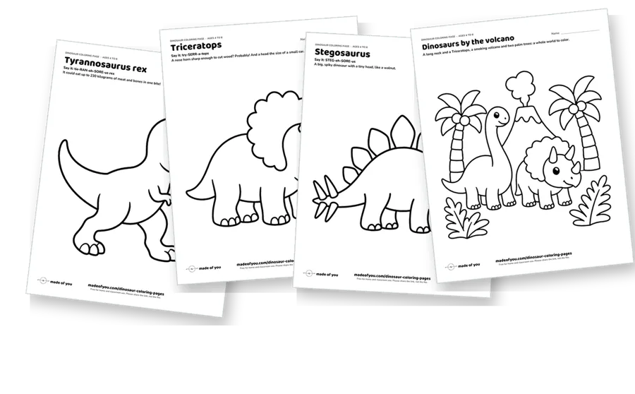 The first pages of the dinosaur coloring pack, fanned out