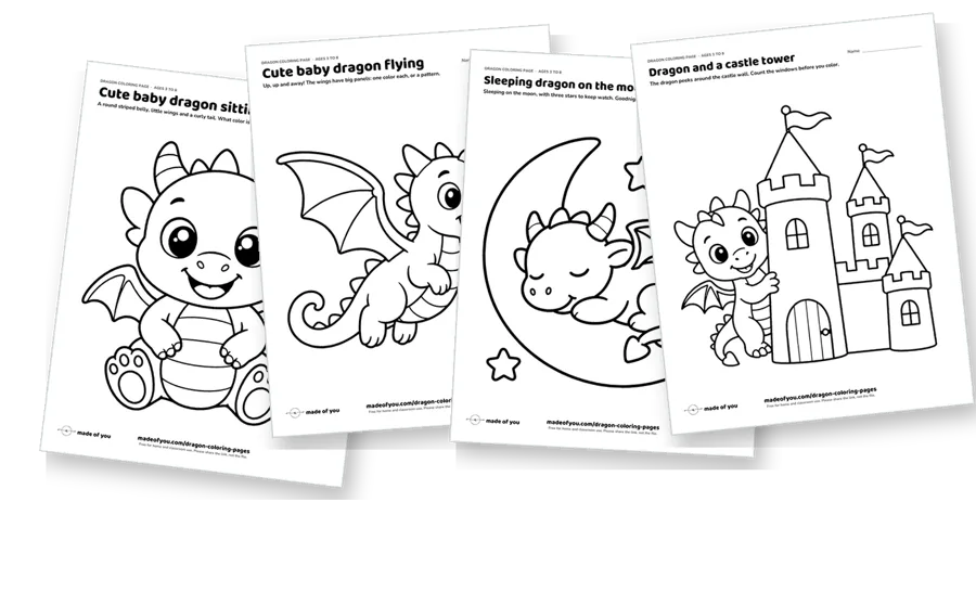 The first pages of the dragon coloring pack, fanned out