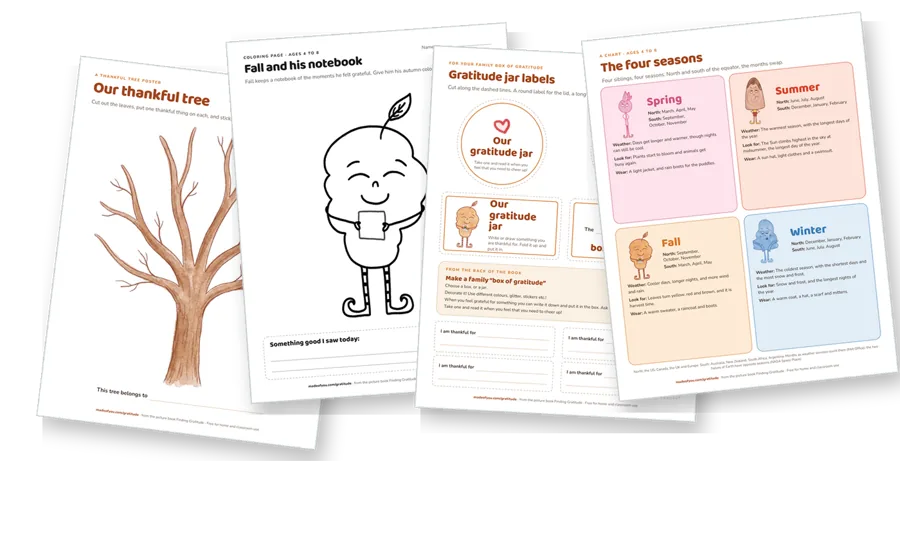 The first pages of the gratitude pack, fanned out