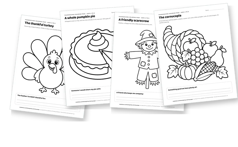 The first pages of the Thanksgiving coloring pack, fanned out