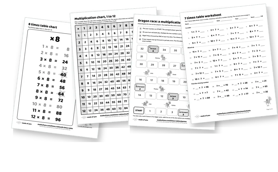 The first pages of the times tables pack, fanned out