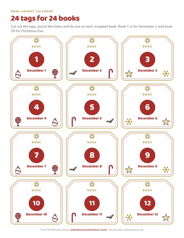 The first page of the 24 numbered tags, twelve tags with their December dates