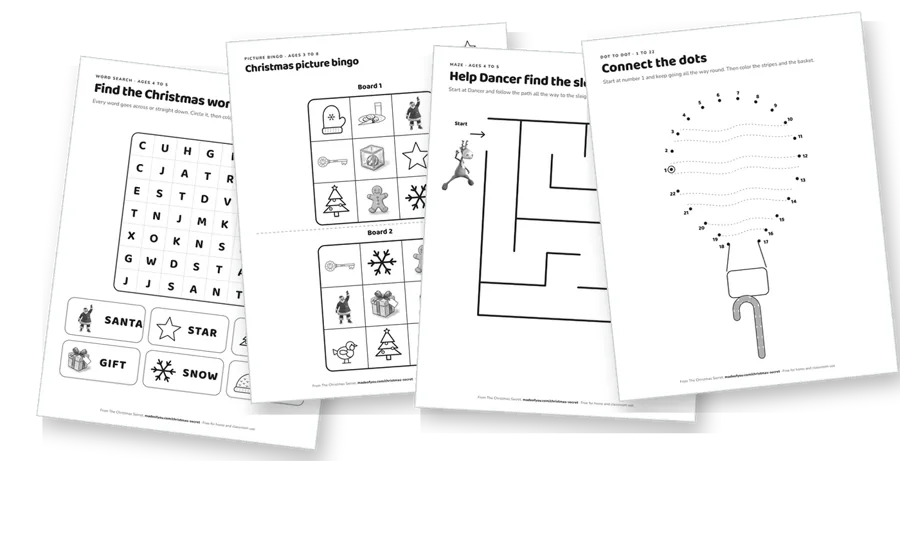The first pages of the Christmas activity pack, fanned out