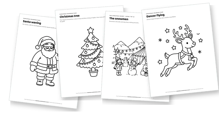 The first pages of the Christmas coloring pack, fanned out