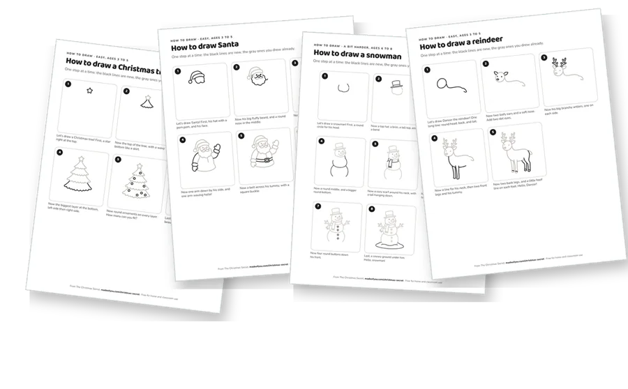 The first pages of the Christmas drawing pack, fanned out