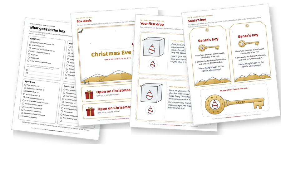 The first pages of the Christmas Eve box pack, fanned out