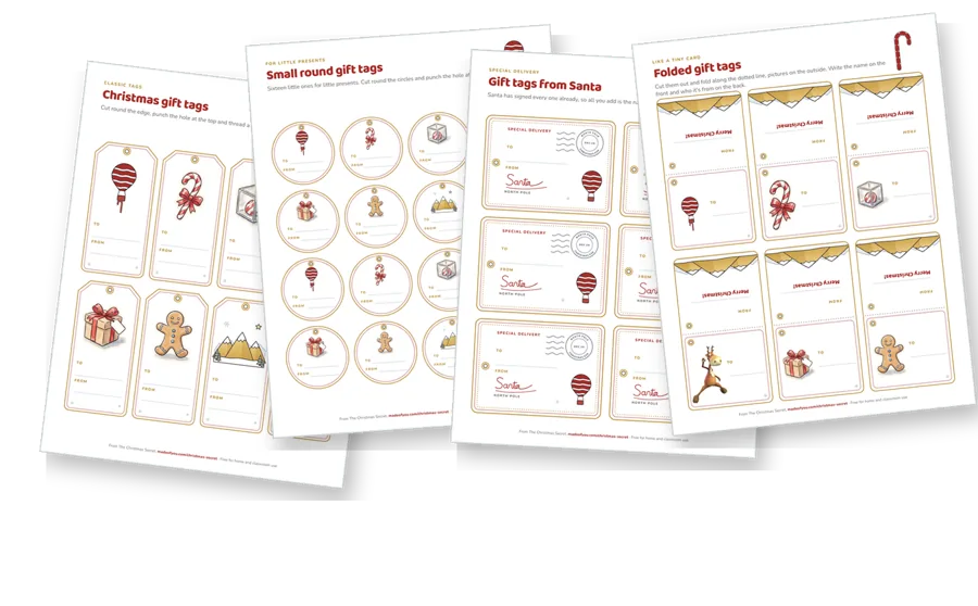 The first pages of the gift tag pack, fanned out