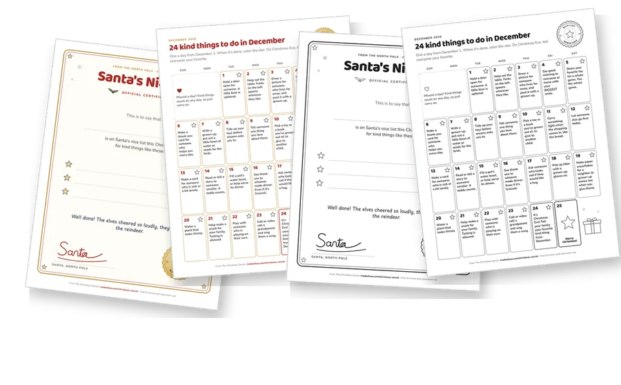 The first pages of the nice list pack, fanned out